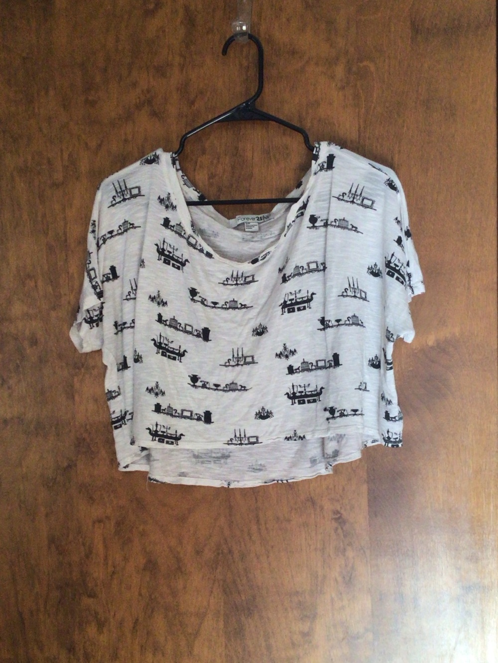 Forever 21 White Cropped Tee with Black Boat Motif